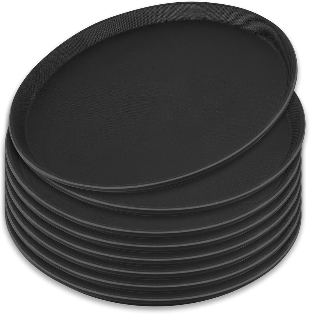 8Pcs Black Round Restaurant Serving Trays, Plastic Non Slip Surface Circle Fruit Appetizer Flat Tray Food Drink Server Tray with Raised Edges for Home, Restaurant, Cafeteria, Bar, Cocktail (14 in)