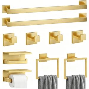 10-Piece Brushed Gold Bathroom Hardware Set SUS304 Stainless Steel, 2×23.6" Towel Bars, 2 Towel Rings, 2 Toilet Paper Holders & 4 Towel Hooks Wall Mounted Bathroom Accessories Set