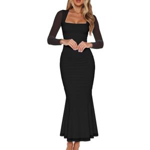BORIFLORS Women's Ruched Bodycon Long Sleeve Maxi Dress Mesh Square Neck Cocktail Party Long Dresses (Large, Black)