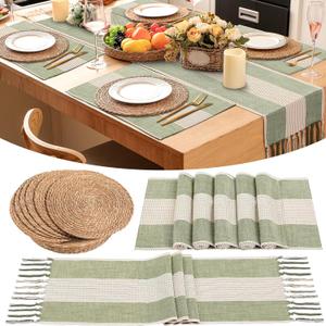 6 Sets Round Woven Boho Placemats, Long Sage Green Table Runner, Cotton Linen Placemats, Farmhouse Macrame Embroidered Striped Table Runner for Tables Christmas Wedding Party Decor (Novel)