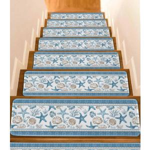 Stair Treads for Wooden Steps,Ocean Starfish Coastal Coral Summer Nautical Non Slip Stair Carpet Indoor Stair Runner Staircase Step Treads,Beach Shells Blue Stair Mat 8x30in 15 Pcs