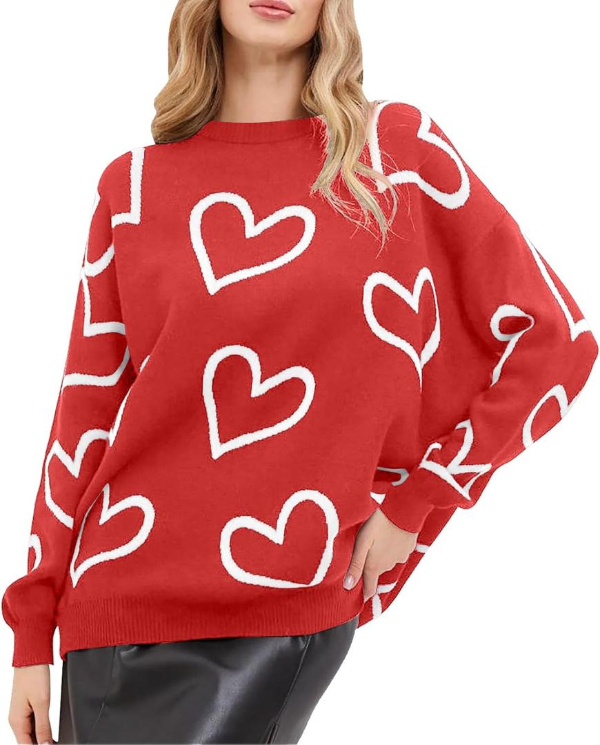 KNEYATTA Valentines Sweaters Heart Print Sweater Women Love Heart Sweatshirt Graphic Knit Pullover Tops (Medium, Red)