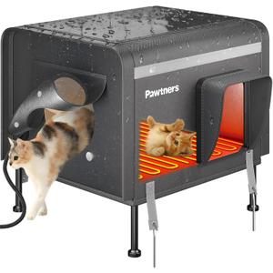 Pawtners Heated Outdoor Cat House for Outside Cats, 19'' Large Insulated Weatherproof Cat Shelter with Heated Pad, Elevated Feet & Escape Door, Warm Kitty House for Feral or Stray Cats in Winter (Grey)