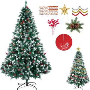Christmas Tree, 6FT Artificial Hinged Premium Xmas Trees with 1400 Tips, Easy Assembly, Includes 6 Different Decorations