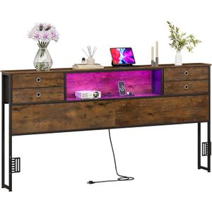 GiftGo King Size Headboard with 4 Fabric Storage Drawers Charging Station LED Light Adjustable Height Storage Rack Sturdy and Stable Metal Frame & Wood Shelf (Rustic Brown, King (U.S. Standard))