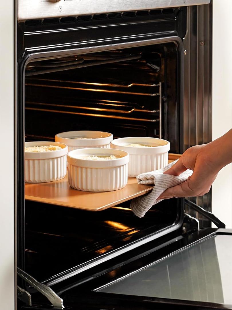 LE TAUCI Ramekins 6 OZ, Ceramic Souffle Dishes, Oven Safe Custard Cups for Baking, Creme Brulee, Pudding, Dessert, Microwave & Dishwasher Safe, Set of 4, White