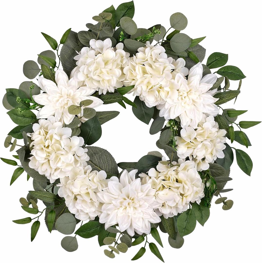 24" Spring Summer Front Door Wreath, Life-Like Artificial White Dahlia Hydrangea Wreath for Wedding Valentine's Day Mother's Day Memorial Day