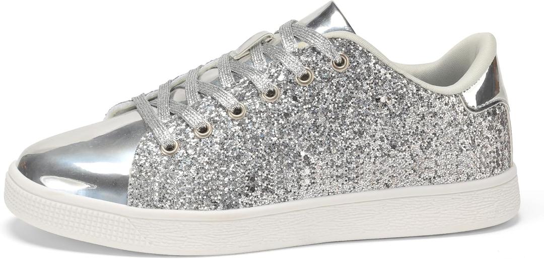 LUCKY STEP Glitter Shoes Sparkly Bling Shiny Bedazzled Lace up Fashion Sneakers for Women (10, Silver)