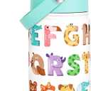 Alphabet Kids Water Bottle with Straw Lid 12oz Insulated Stainless Steel, Travel Tumbler, Animal Gifts for Boys Girls, Birthday, Christmas, Back to School