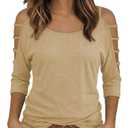 Shirts for Women Cold Shoulder 3/4 Sleeve Cutout Arm Tops Sexy Going Out Casual Y2k Cute Blouse Tops for Daily,L,Beige. Size Large