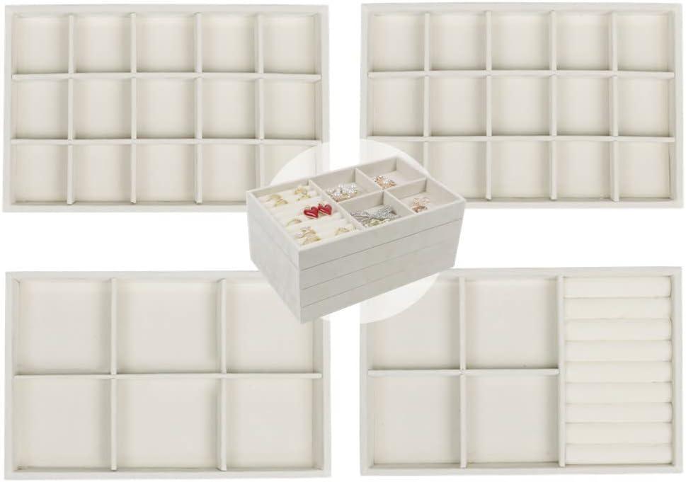 Set of 4 Stackable Jewelry Trays Organizer, Velvet Earring Organizer, Jewelry Organizer Showcase Display Drawer Organizer Storage, Earring Holder Necklace Bracelet Ring Accessary Organizers (Beige)