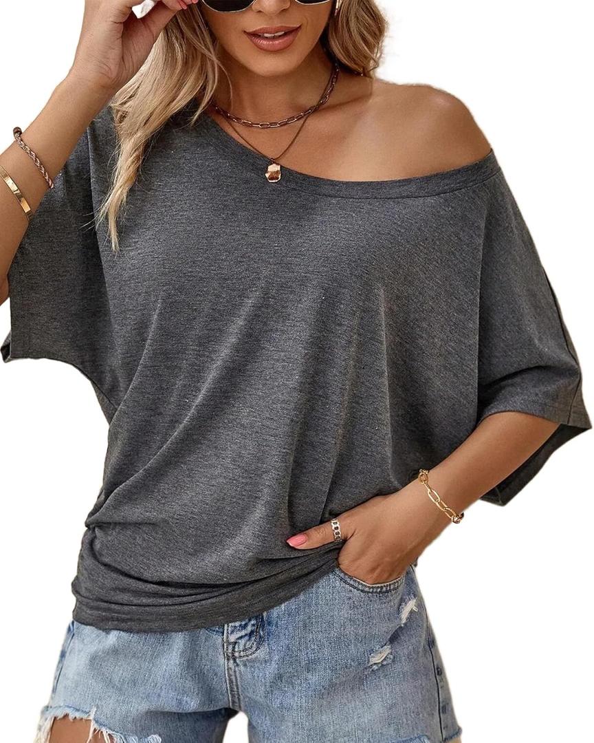 Hilinker Womens Sexy Off The Shoulder Tops Short Batwing Sleeve T Shirt Oversized Casual Tee (Large, Grey)
