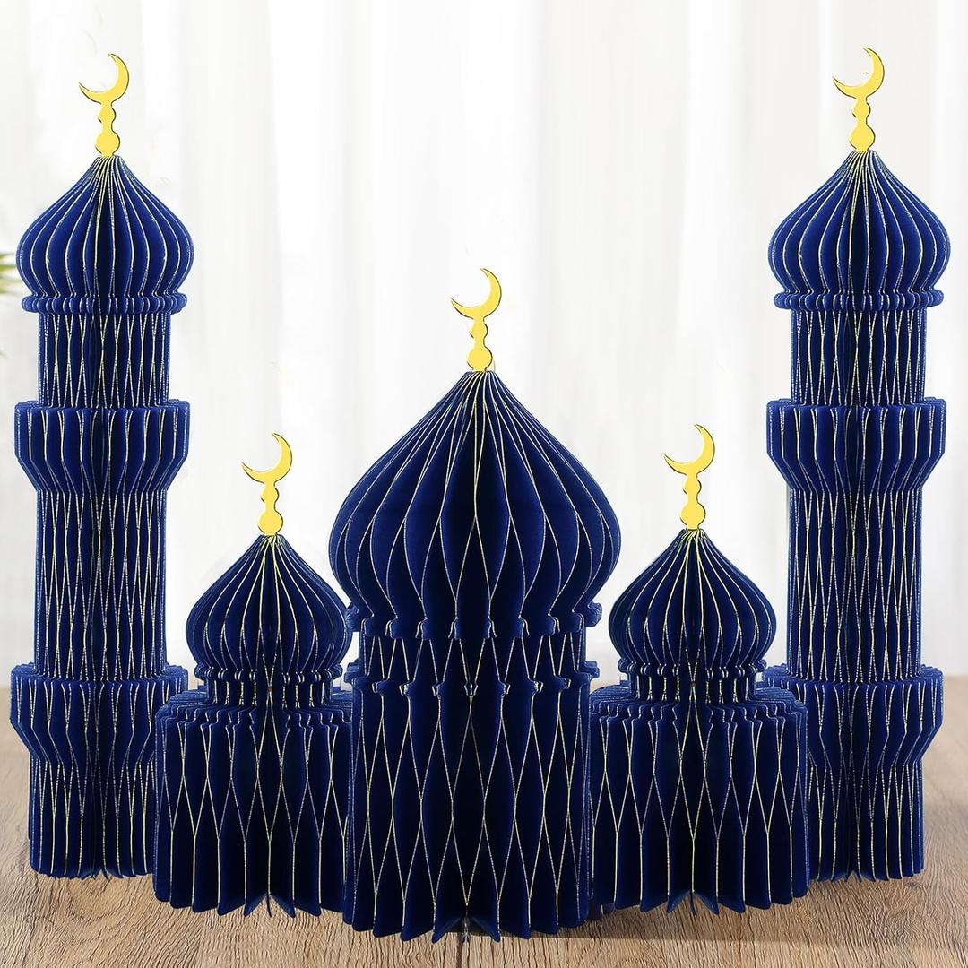 MotiMind 5 PCS Ramadan Party Decorations Ramadan 3D Honeycomb Centerpiece Eid Mubarak Centerpieces Islamic Table Decoration for Home Office Party Supplies (Blue)