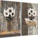 2 pcs Framed Rustic Farmhouse White Sunflowerf Canvas Wall Art Vintage Flower Wood Grain Bathtub Pictures Paintings Posters Prints Wall Decor for Bathroom Living Room Bedroom Hotel Artwork 16x24inch