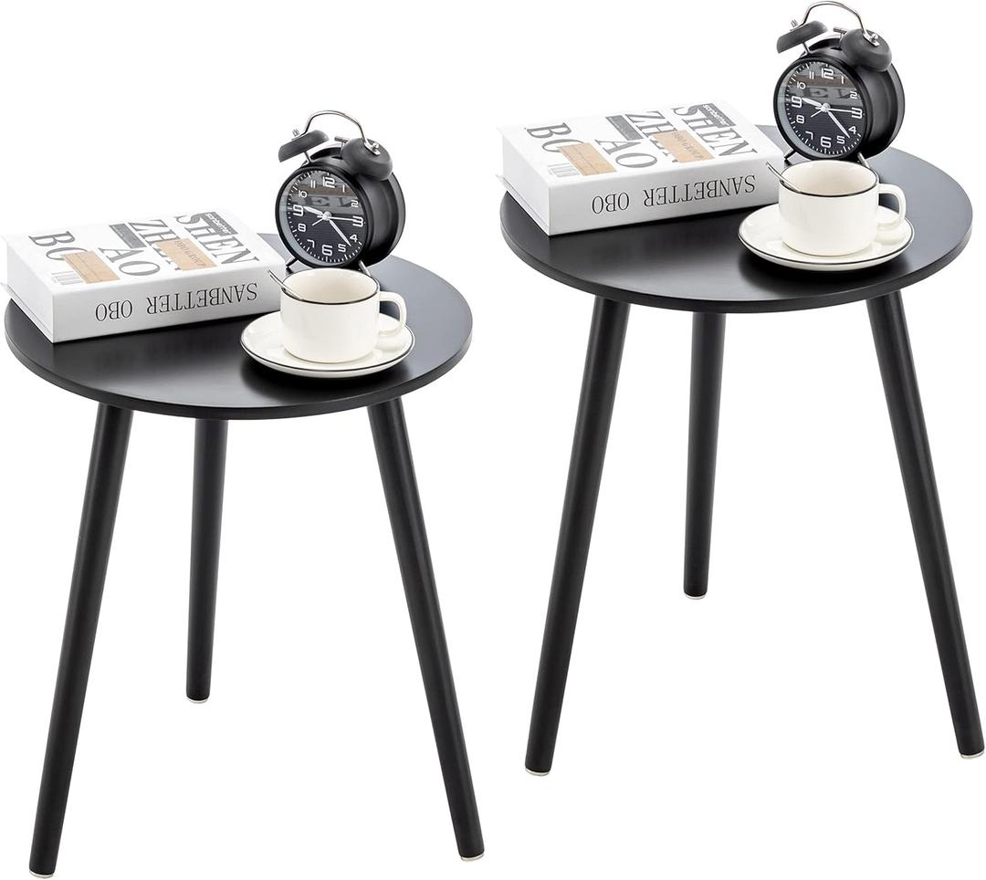 Apicizon Round Side Table Set of 2, Black Nightstand Coffee End Table for Living Room, Bedroom, Small Spaces, Morden Side Table Home Decor Bedside with Wood Legs, 16.5 x 20.5 Inches