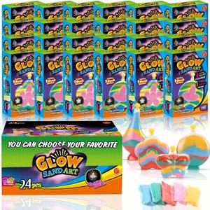 Create Your Own Magic Sand Art Glitter Activity | Glow in the Dark Colored Custom Sand Kits for Kids - Includes 12 Bottles, Funnels, Sticks, 60 Bags of Colorful Sand | DIY Arts and Crafts (24 Pack)