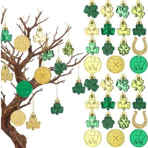 Weysat 98 Pcs St. Patrick's Day Decorations for Tree Shamrock Ornaments Gold Coins Horseshoe Good Luck Clover for Spring Irish St Patrick's Day Table Party Hanging Decor, 15 Style
