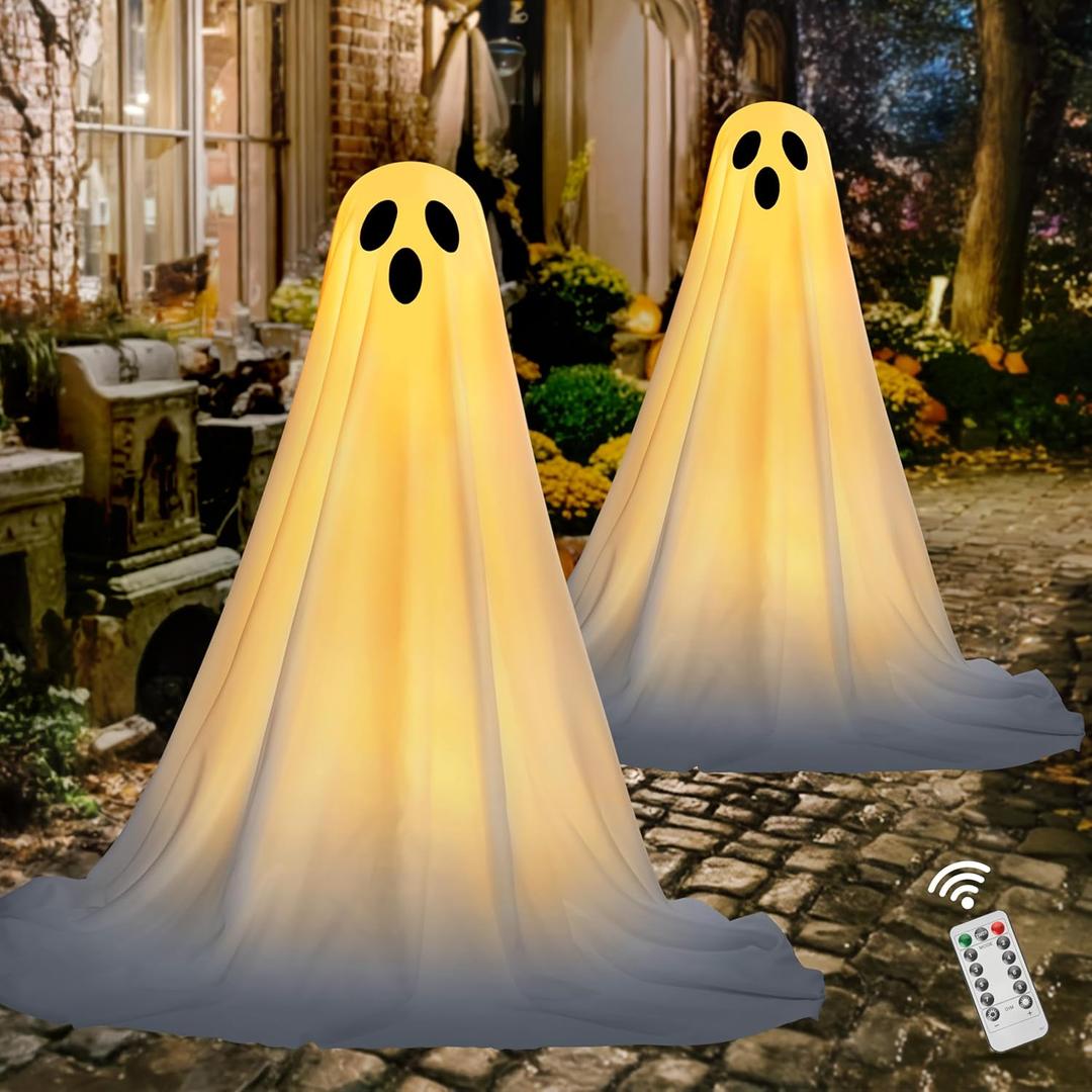 JOYIN 2 Pack 47'' Halloween Decorations Outdoor Light Up Ghost with Timer, Standing Ghost Halloween Decor with Warm String Light for Yard Porch Lawn Garden Party Supplies