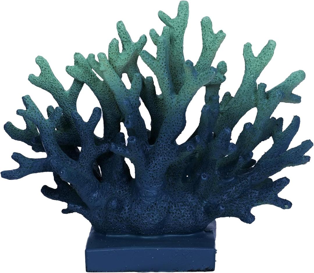 Faux Blue Coral Statue - 7.4" Artificial Resin Coral for Coastal Decor, Beach Shelves, Nautical Home & Table Decorations