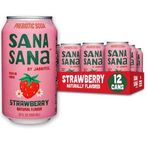 Sana Sana by Jarritos - Mexican Prebiotic Soda Soft Drinks, Strawberry (12 oz, 355ml) 12 Cans - 40 Calories, 10g of Fiber - Low Sugar - Natural Flavor Soda Pop (EXP 11/26/26)