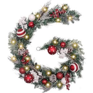 Valery Madelyn 6 feet Pre-Lit Christmas Garland with Lights for Mantle, Lighted Battery Operated Valentine's Day Garland with Red White Balls for Front Door Fireplace Table Centerpiece Decor