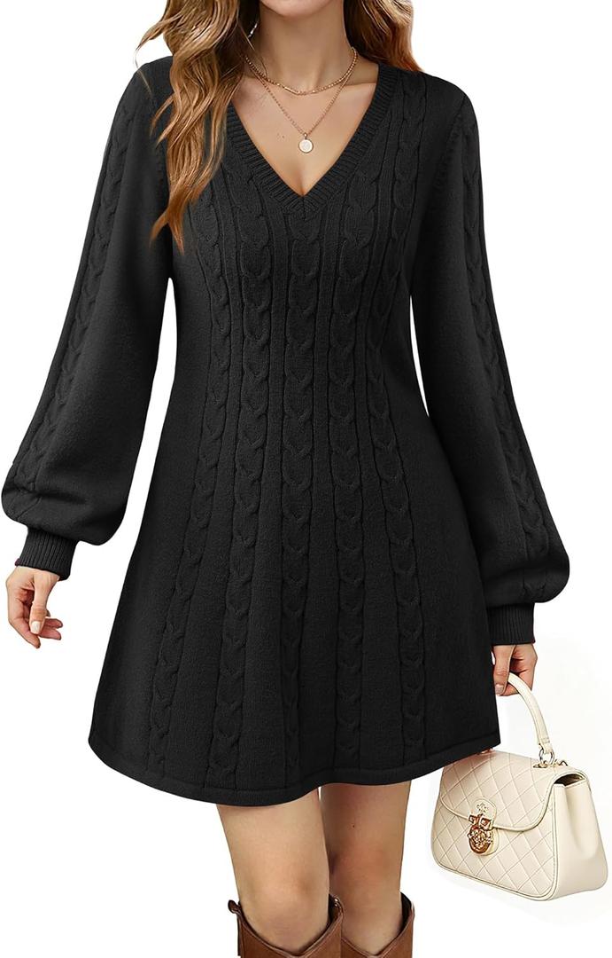 Womens V Neck Long Sleeve Cable Knit Fall Dresses Elegant Babydoll Sweater Dress (Large, Black)