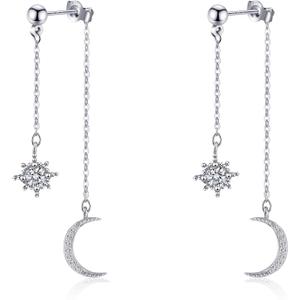 Moon and Star Dangle Earrings for Women Chain Tassel with Cubic Zirconia Drop Celestial Jewelry for Wedding Gift (Silver)
