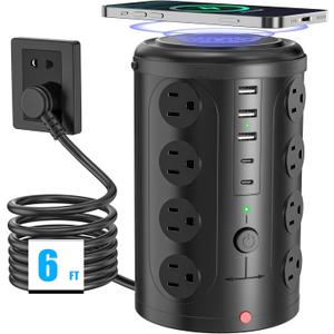 Surge Protector Power Strip - Desk Charging Station with 15W Wireless Charger, Multiple Outlets Charging Station with 16 2300J AC Outlets & 5 USB (2 USB C) Port, for Home, Office, Dorm Room