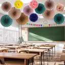 2 x Kosiz 18 Pcs Boho Classroom Hanging Decoration Boho Paper Fans Soft Colored Pom Poms Country School Hanging Fans Tissue Paper Flower for Room Classroom Birthday Party Supplies Decoration