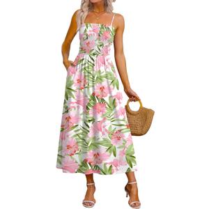 OFEEFAN Womens Spaghetti Strap Maxi Dresses Smocked with Pockets 2026 Summer Spring Casual Boho Beach Long Sundresses, 2XL