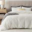 Bedsure Fluffy Duvet Cover Set - Ultra Soft Plush Shaggy Comforter Cover Queen Size, Warm Flannel Fleece Bed Sets for Winter, 3 Pieces (Striped Pattern, Coconut White)