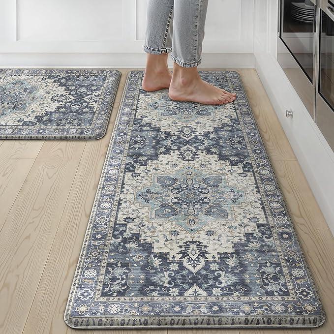 GENIMO Kitchen Mats for Floor 2PCs, Washable Anti Fatigue Mat for Cushioned, 17.3"x47"+17.3"x30", Waterproof Kitchen Rugs, Non Slip Comfort Standing Mat Rug for Home, Sink, Laundry