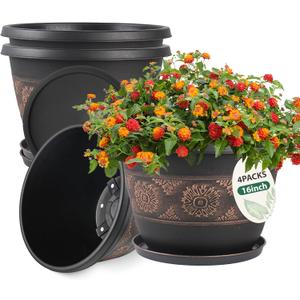 Usocik 4 Pack 16 inch Plant Pots, Retro Pattern Planters with Drainage Holes and Saucer, Sturdy Plastic Garden Flower Pots for Indoor & Outdoor Plants