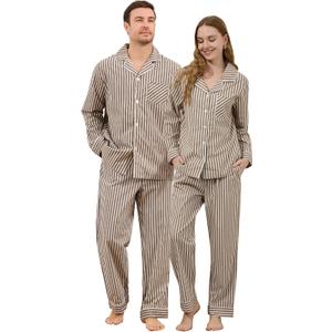 U2SKIIN Couple Pajama Sets, Soft Cotton Button-Down Striped Pajamas for Men and Women Long Sleeve Sleepwear with Pockets (X-Large, Khaki)