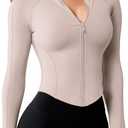 AVGO Women's Workout Jacket Lightweight Zip Up Cropped Yoga Jackets Slim Fit Athletic Tops with Thumb Holes (Medium, Almond)
