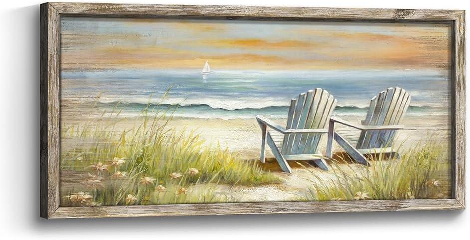 Framed Beach Coastal Wall Art: Wooden Relaxing Seaside Chair Picture Artwork Ocean Sea Grass Seascape Painting Print Decor for Bedroom Living Room Office 40x20 inch (40L" x 20W", Beach 02)