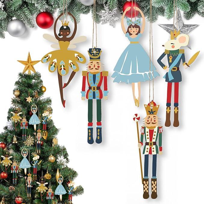 Weysat Christmas Wood Nutcracker Decoration Set Nutcracker Ornaments for Tree Mini Princess Ballet Mouse King Soldier Figures for Xmas Tree Outdoor Party