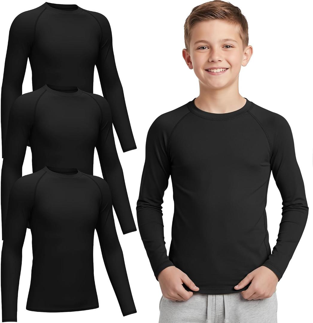3 Pack Boys' Compression Long Sleeve Shirts Quick Dry Moisture Wicking Youth Base Layer Baseball Soccer Football Large