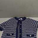 Jiflora Women's Summer Short Sleeve Cardigans Cropped Tweed Blazers Button Up Knitted Sweater Jacket for Dress with Pockets, Large, Blue 