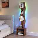 6 Tier Tree Bookshelf,Small Book Shelf with LED Lights,Corner Bookcase,Book Organizer Shelves,Floor Standing Book Shelves for Living Room,Home Office,Living Room,Vintage Rustic Brown