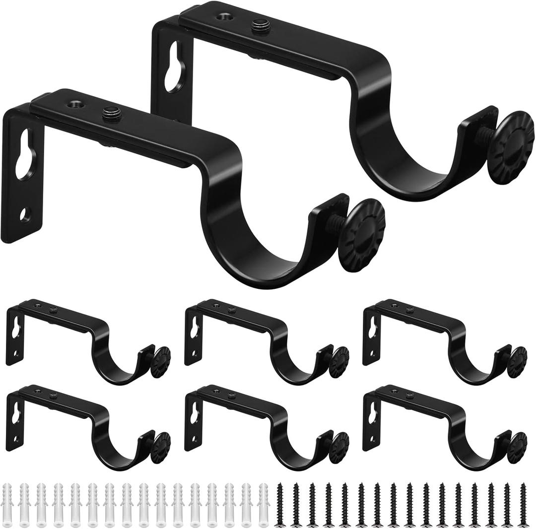 TOKPLNU Adjustable Curtain Rod Holders, 8 Pack Heavy Duty Black Iron Wall Mount Brackets For 1-1.1 Inch Diameter Drapery Rods