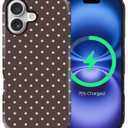 for iPhone 17 Case for Women Girl Men Boy, Compatible with MagSafe, Shockproof Soft Silicone & Hard PC Shell Protective Case for iPhone 17 - Brown & Pink Polka Dot Cute