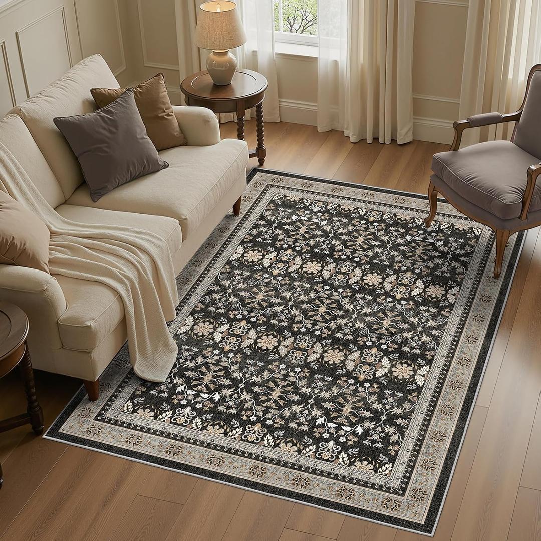 WITSHOCK Black 5x7 Boho Rugs for Bedroom: Washable Non-Slip Foldable Low Pile Rug for Living Room Dining Room Nursery Playroom Home Decor, Vintage Moody Retro Antique Farmhouse Carpet