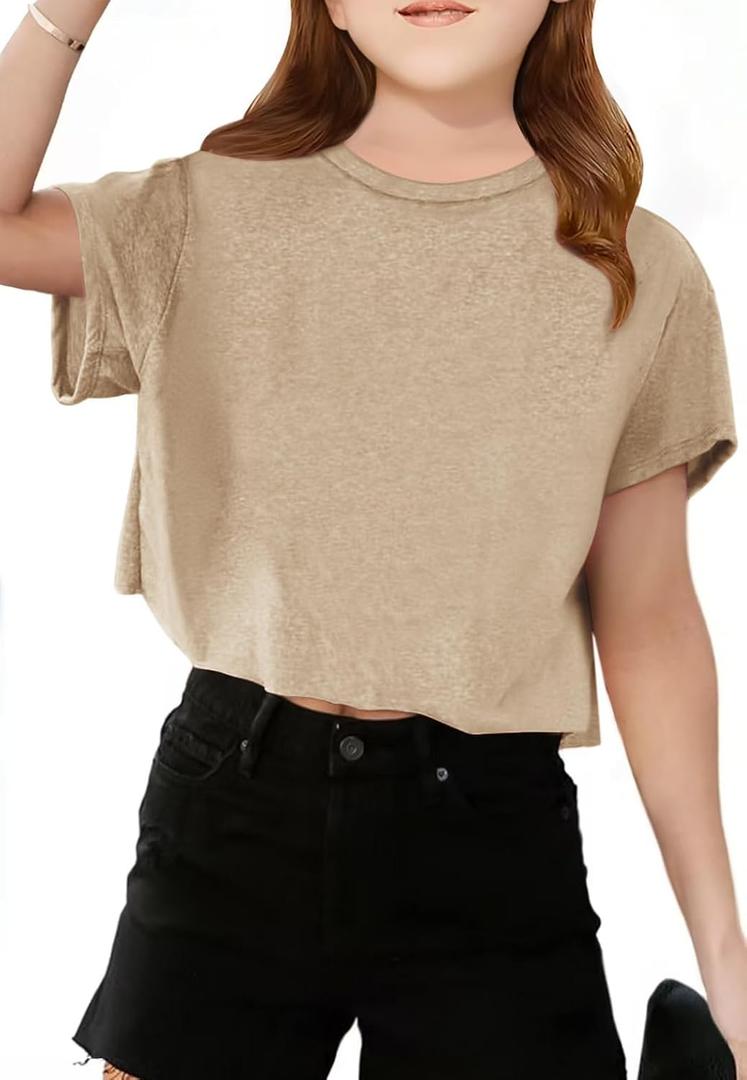 Girls Short Sleeve Crop Tops Kids Fashion Athletic Crew Neck Cropped T Shirts Casual Basic Tees. Size 7-8Y
