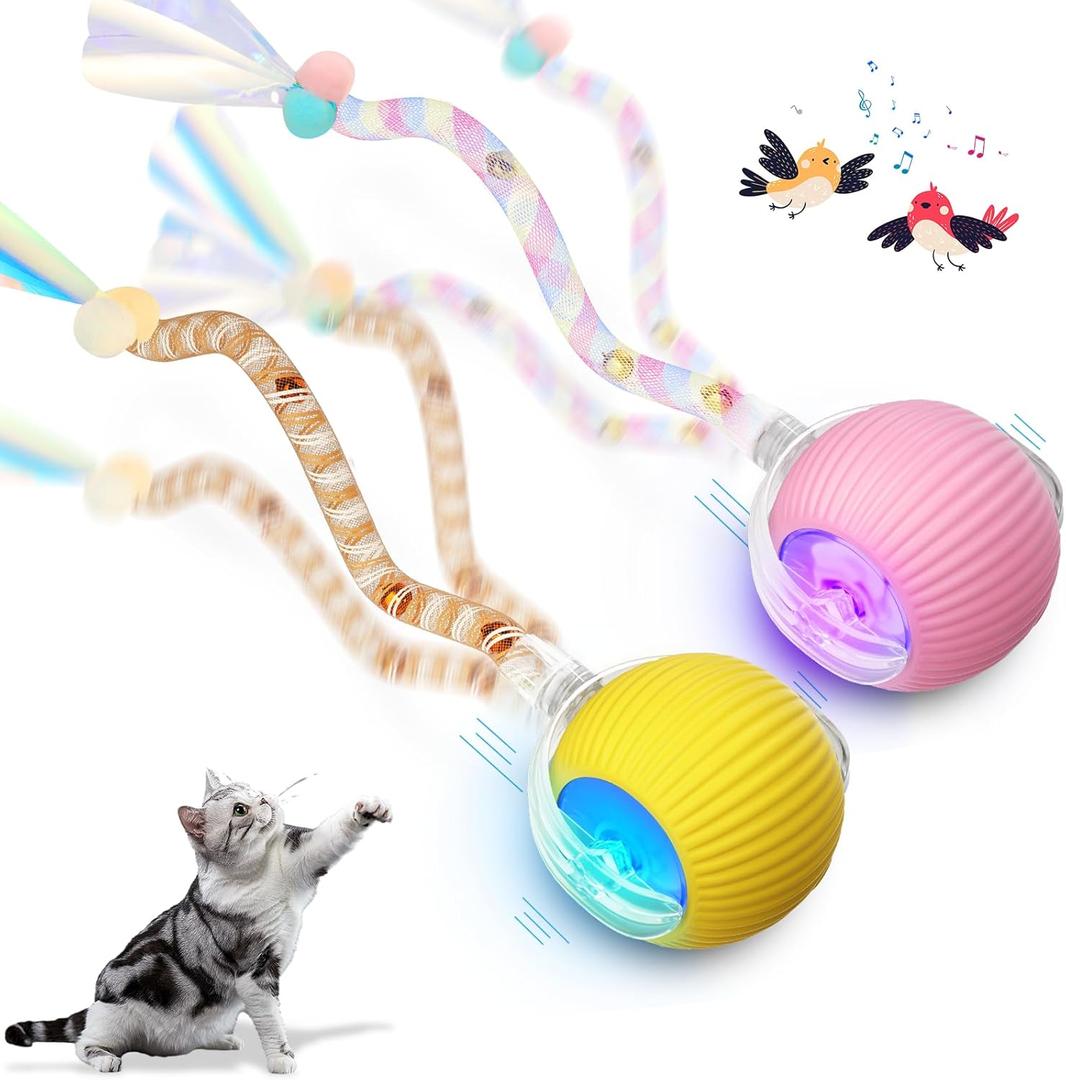 2Packs Interactive Cat Toys for Indoor Cats, Interactive Cat Ball Toy with Elastic Mesh Tail, Automatic Cat/Kitten Toys with Chirping & Motion Activate, Cat Toys for Bored Indoor (Pink+Yellow)