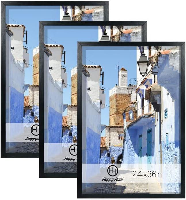 HappyHapi 24x36 Poster Frame, Black Picture Frame for Wall Gallery, Vertically and Horizontally Display Posters, Paintings and Artworks, 3 Pack