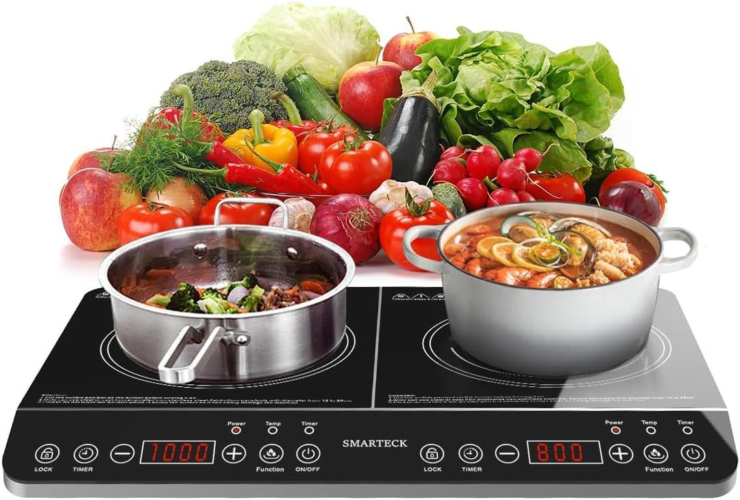 Double Induction Cooktop,1500W/1800W Portable Electric Stove,2 Large 8 Heating Coils,Independent Control,8/10 Temperature & Power Levels,3-hour Timer, Safety Lock