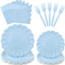 96 Pcs Light Blue Paper Plates and Napkins Party Supplies Serve 24 Guests Include Scalloped Dinner Plate 9.5", Dessert Plate 7.5", Napkins Plastic Forks for Boy Baby Bridal Shower Wedding Birthday