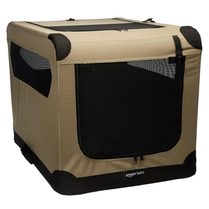 Amazon Basics Portable Folding Soft Dog Crate, Double Door, Collapsible Travel Kennel, Easy to Assemble, Medium, 29.92" x 21.3" x 21.3", Tan