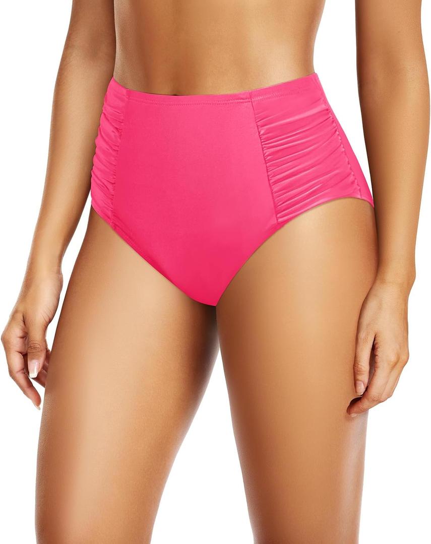 Tempt Me Women High Waisted Bikini Bottoms Full Coverage Swimsuit Bottoms Ruched Bathing Suit Bottom (X-Large, Pink)